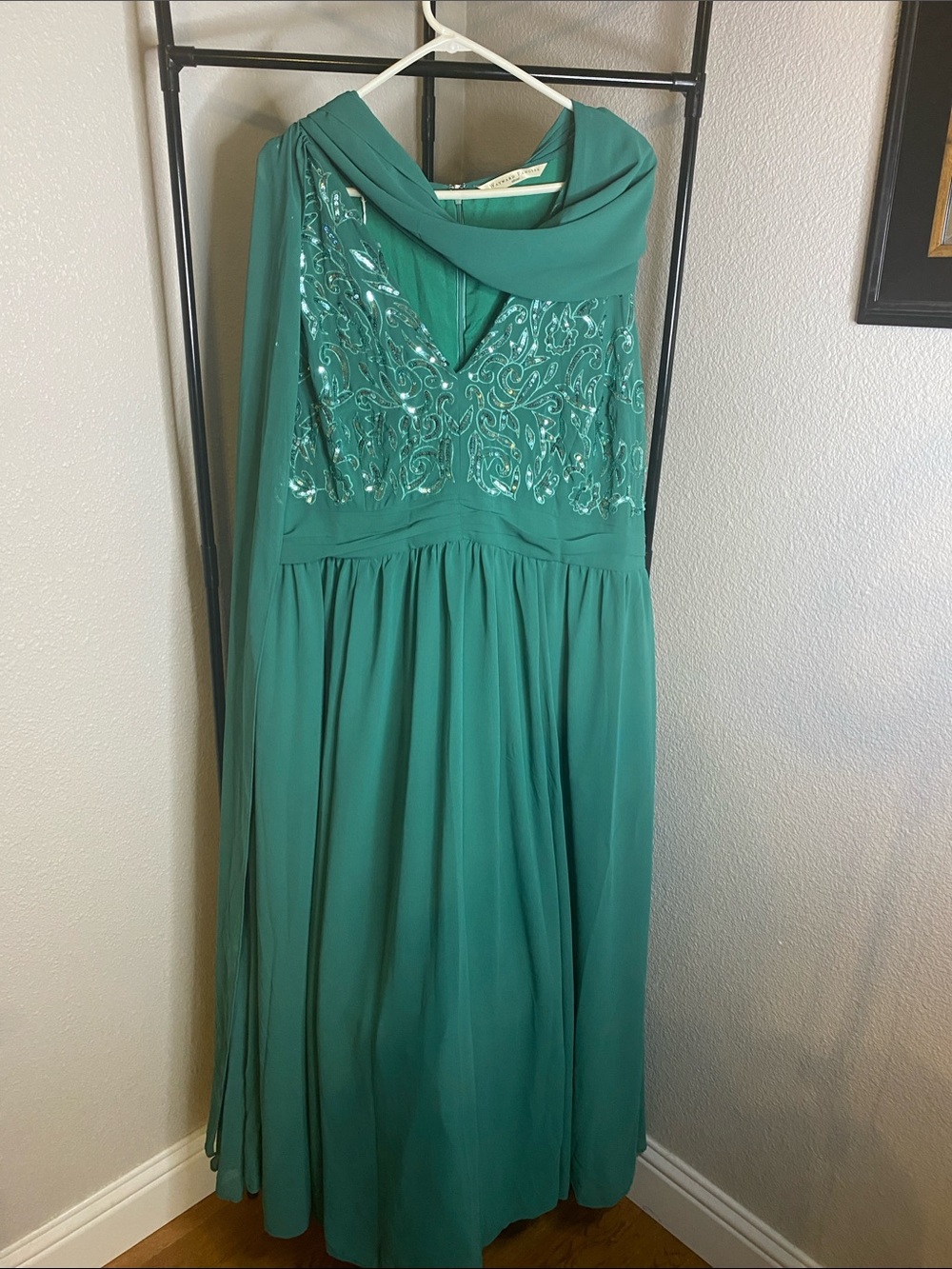Embellished Teal Maxi Dress with Draped Shoulder
